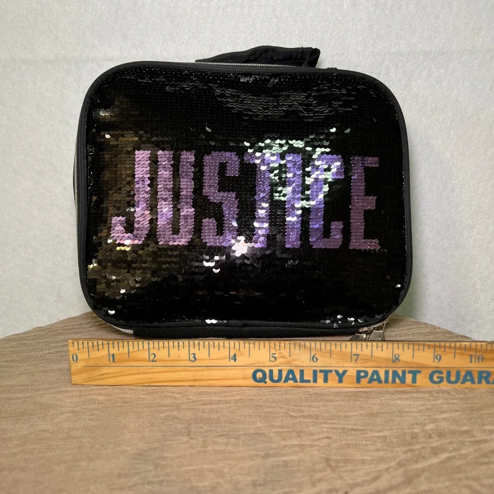 Justice Girls Black Purple Flip Sequin Insulated Lunch Box Bag Sparkle